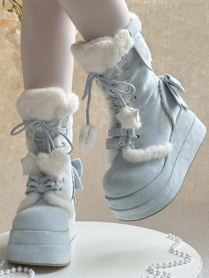 Sweet Blue Snow Boots For Lolita - Plush Interior with Star & Heart Lace Charms & Delicate Bows