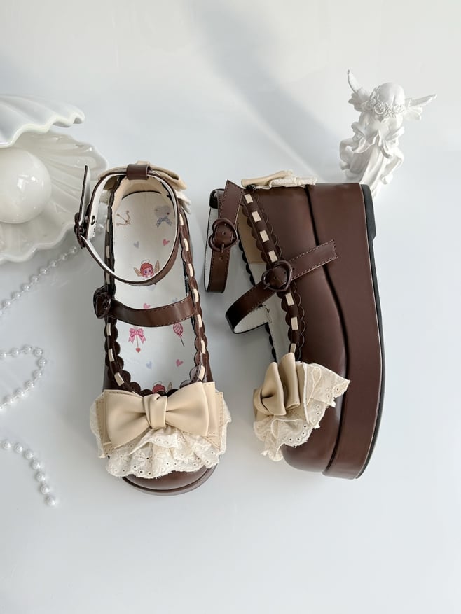 Chocolate Brown Bow at Top Lace Trim Heart Buckles Platforms