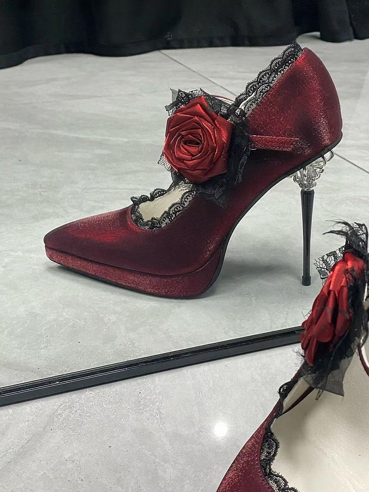 Red Gothic Floral Decorated Pointed Toe Satin High Heels