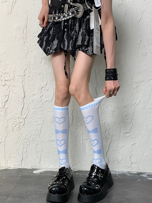 Blue Y2K Heart And Bowknot Print Underknee Stockings