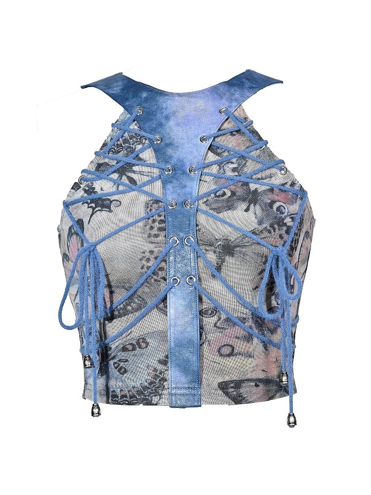Grunge Punk Rock Fairycore Blue Butterflies Print Mesh Patchwork Halter Neck Top Lace-up Detail