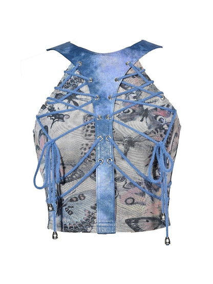 Grunge Punk Rock Fairycore Blue Butterflies Print Mesh Patchwork Halter Neck Top Lace-up Detail