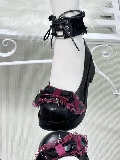 Jirai Kei Black Mary Janes: Mid-Heel with Ankle Lace-Up, Red Bow & Dangling Cross