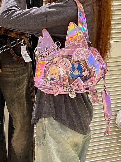 Kitty Ear Design Bowknot Studs Detail Pink PU Tote Ita Bag with Free Card Holder