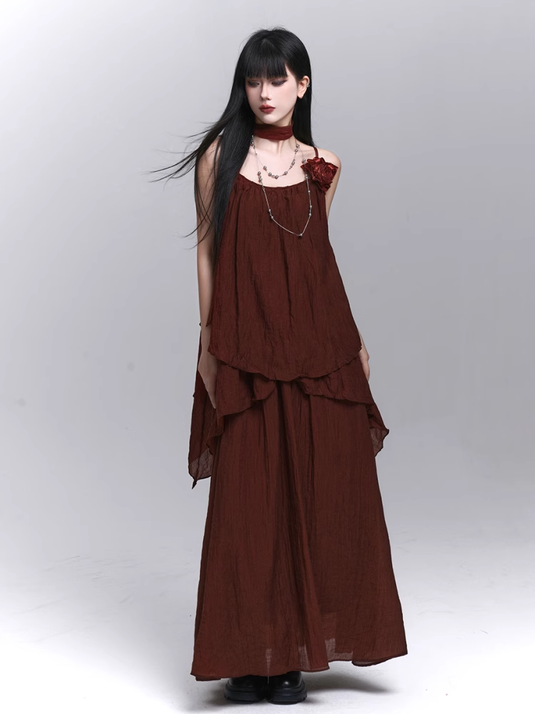 Wine Red Floral Embellished Cami Top with Scarf / Elastic Waist Skirt