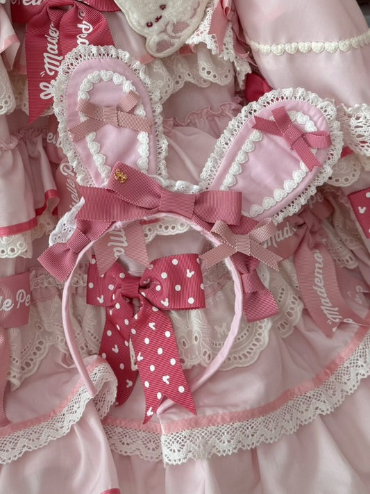 Pink Bowknot Details Lace Trim Bunny Ear KC