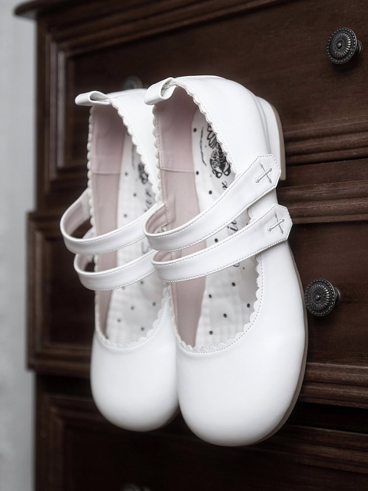 White Gothic Cross Embroidery Velcro Strap Closures Round Toe Flats