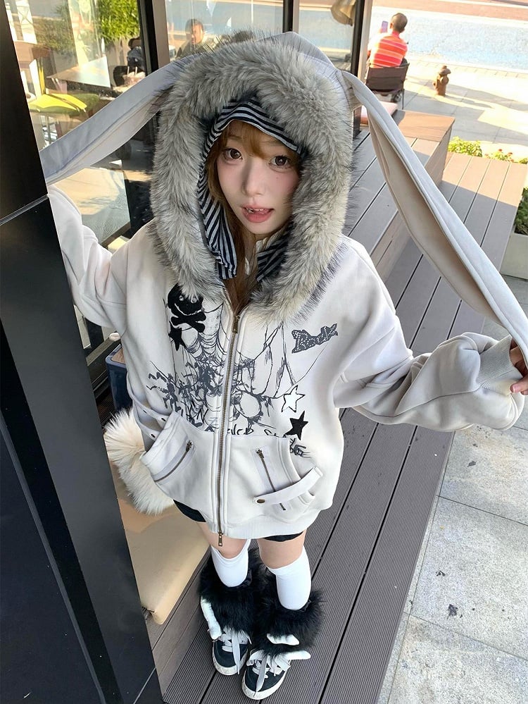 Y2K Khaki Rabbit Ear Hooded Jacket Zip-Up Hoodie for Spring