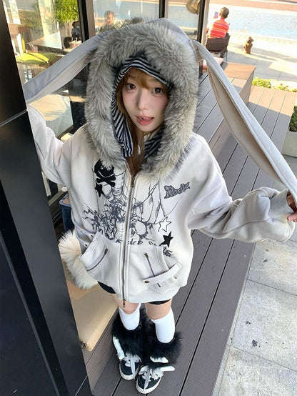 Y2K Khaki Rabbit Ear Hooded Jacket Zip-Up Hoodie for Spring