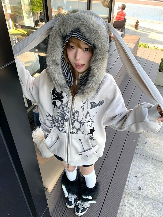 Y2K Khaki Rabbit Ear Hooded Jacket Zip-Up Hoodie for Spring