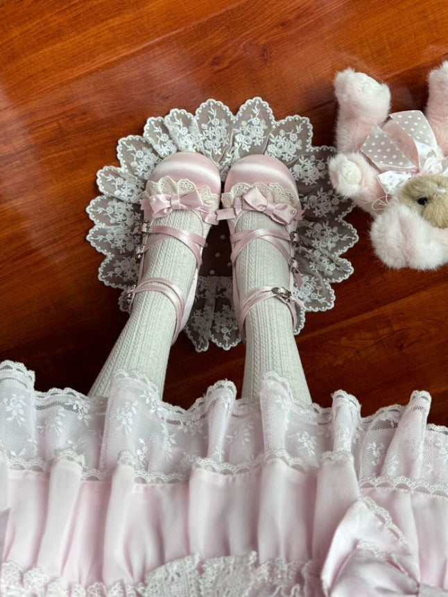 Sweet Lolita Satin Pink Wedge Heels - Bow Accents with Lace Trim & Crisscross Straps