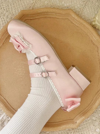 Sweet Pink Lolita Mary Janes - Ruffled Lace Edging, Ornate Bow & Dual Fasteners