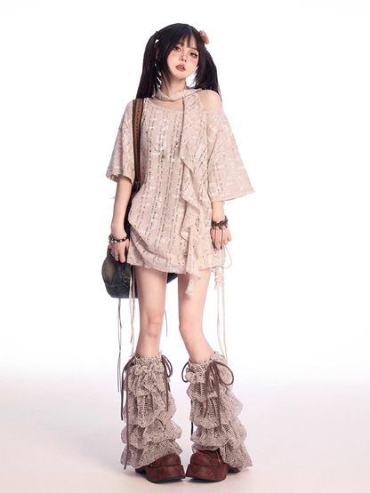 Khaki Asymmetrical Neckline Letter Print Distressed Holes T-shirt with Free Scarf