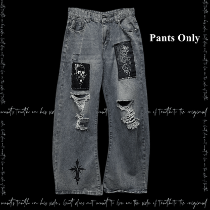 Blue Distressed Holes Skeleton Applique Punk Wide-leg Jeans