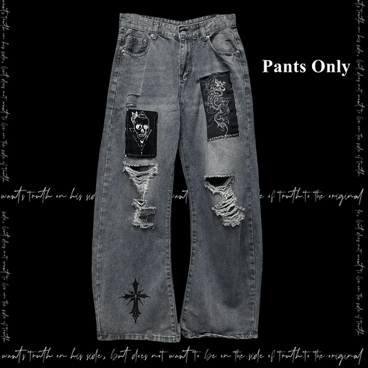 Blue Distressed Holes Skeleton Applique Punk Wide-leg Jeans