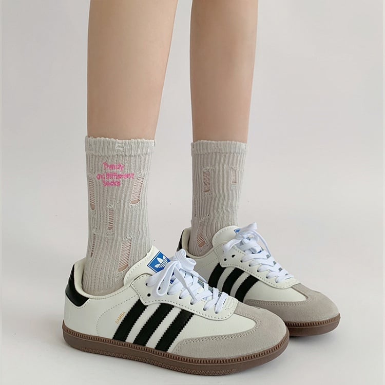 Letters Embroidery Distressed Holes Socks White/Black/Gray/Khaki