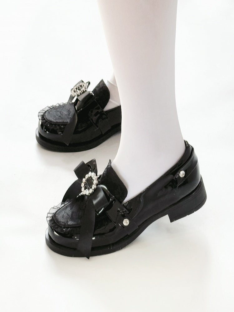 Black Bow at Top Jirai Kei Slip-in Fit Loafer Shoes