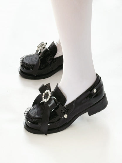 Black Bow at Top Jirai Kei Slip-in Fit Loafer Shoes