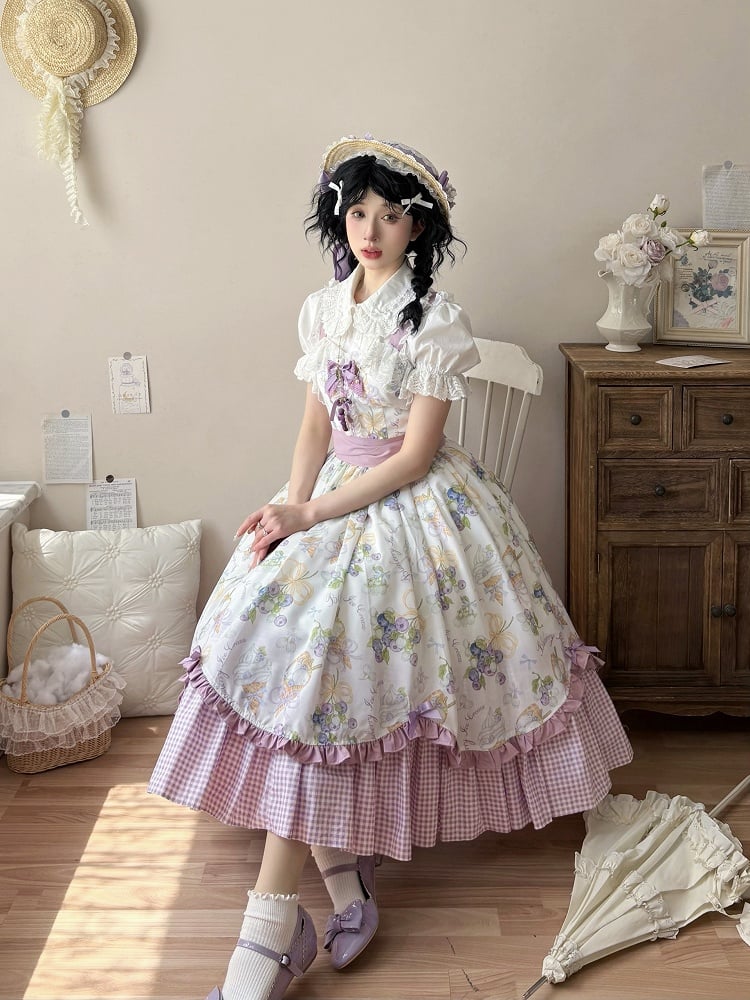 Blueberry and Ice Cream Print Lolita Dress Purple Gingham Hemline