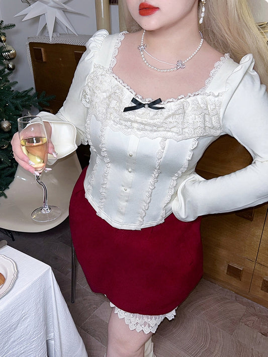 Plus Size Bowknot Details White Lace Trim Long Sleeves Top