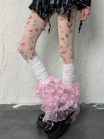 White&Pink Y2K Multi-layered Lace Trim Leg Sleeves