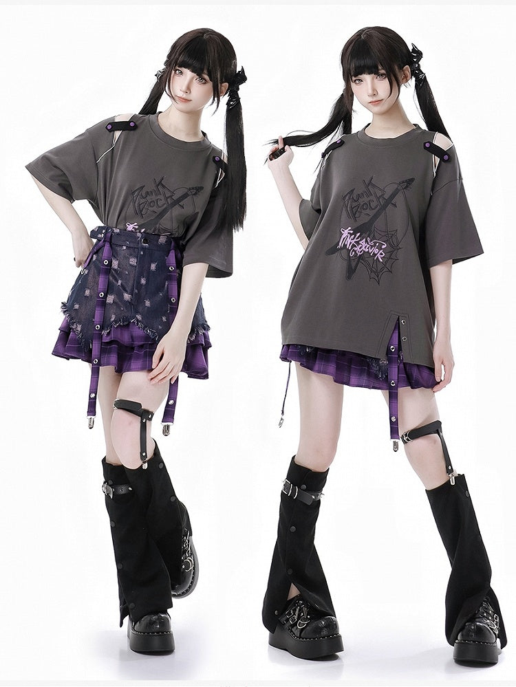 Y2K Purple Plaid Hem Distressed Holes Tie Dye Denim Skirt