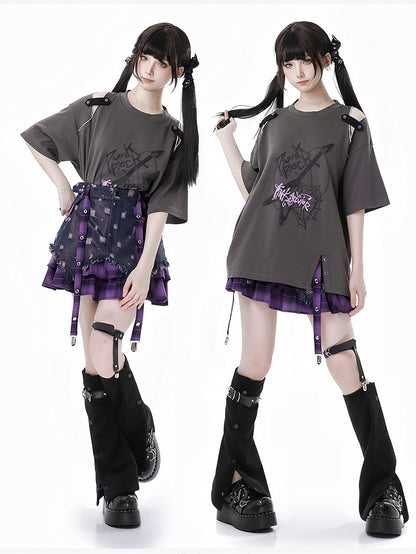 Y2K Purple Plaid Hem Distressed Holes Tie Dye Denim Skirt