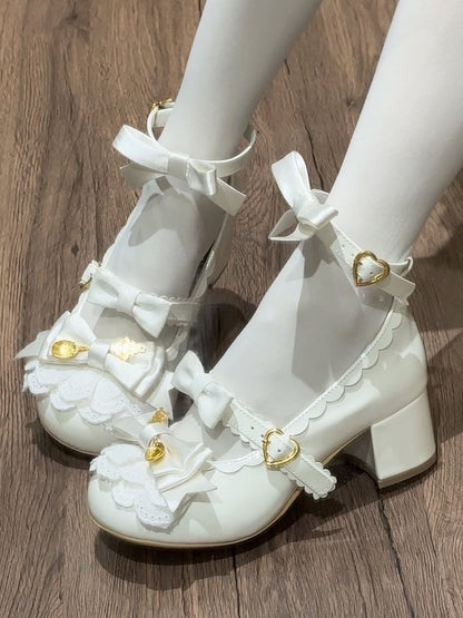 Clearance-Size 39 Sweet Lolita Beige Scoop Decorated Bowknot Details Round-Toe High Block Heels Mary Janes