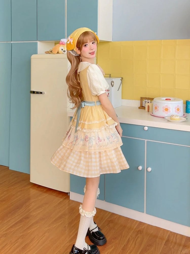 Strawberry Cake Embroidery Big Bow Creamy Yellow Tiered Skirt Sweet Lolita Dress