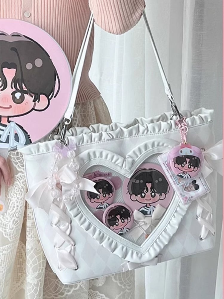 Pink Diamond Pattern Lace-up Design Ruffles Trim Heart PU Tota Ita Bag