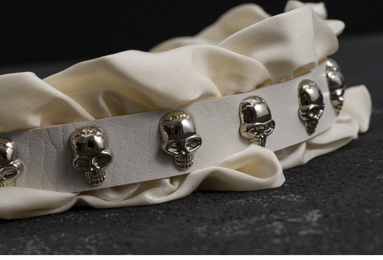 White Gothic Skeleton Studs PU Buckle Ruffled KC