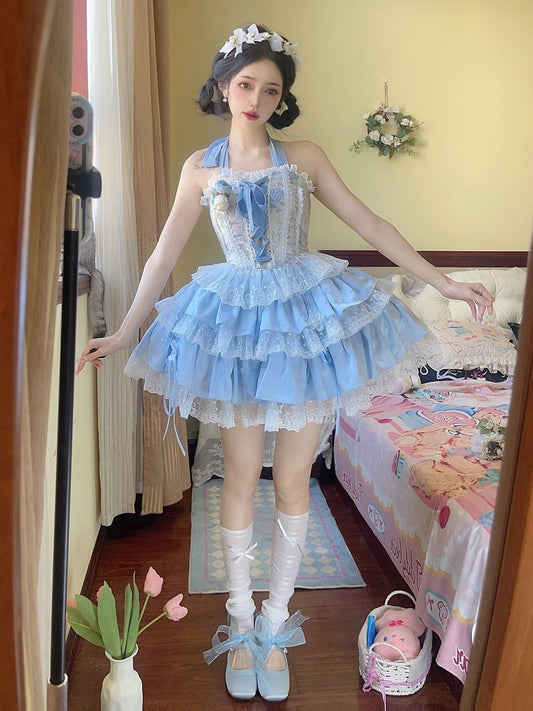 Blue Balletcore Halter Neck Boned Corset Top + Tiered Ruffle Skirt