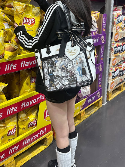 White and Black Bowknot and Heart-shaped Charm Ita Bag