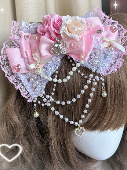 Pink Rhinestone Crown Decorated Beaded Charm Floral Design Bowknot Hairclip