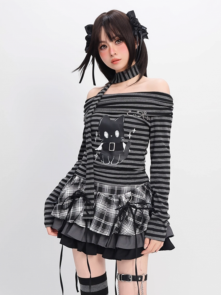 Bittersweet Kitten Print Off-the-shoulder Neckline Black and Gray Striped Top with Scarf