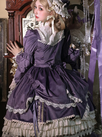 Candle and Candlestick Embroidery Purple Bell Sleeves Velvet Dress Lolita OP / Set
