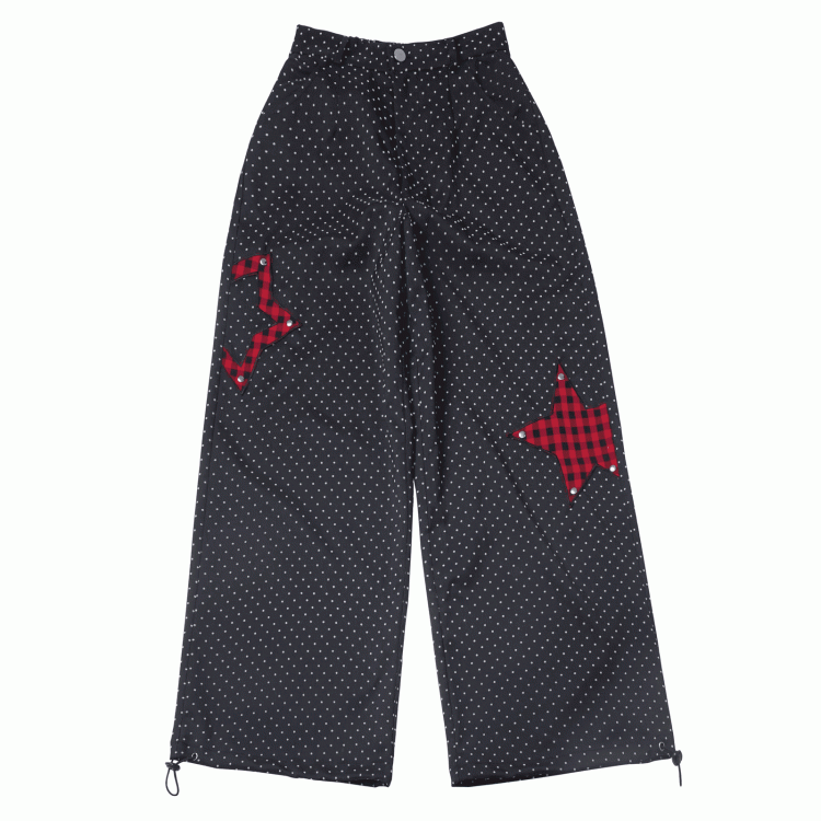 Red Plaid Star Applique Drawstring Cuffs Black Polka Dot Casual Pants