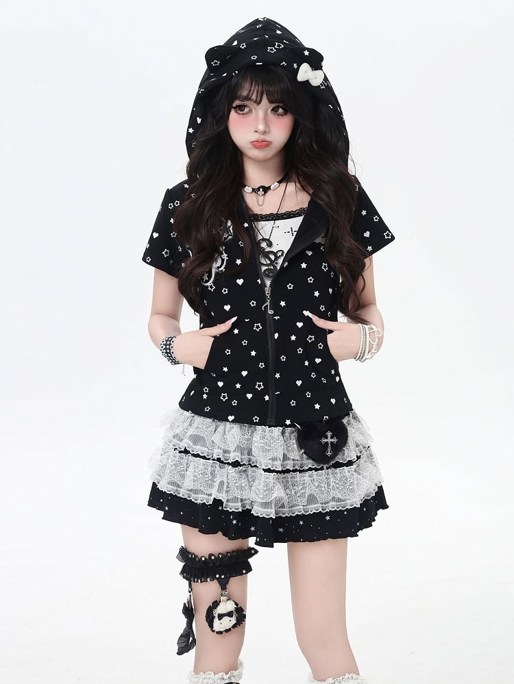 Y2K Kitty Ears Hood Allover Star and Heart Print Off White/Black Zip-up Jacket