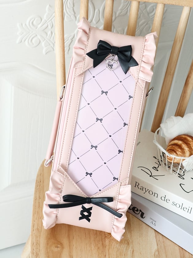 Pink&Black Bowknot Details Diamond Pattern 1/6 Scale BJD Doll Bag with Two Straps