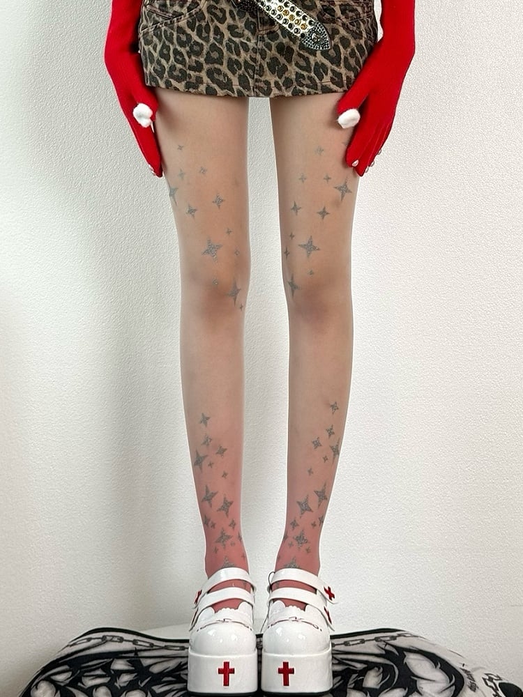 Black&Gray/Blue/Pink Ombre Color Y2K Star Pattern Tights