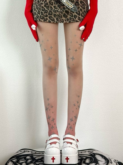 Black&Gray/Blue/Pink Ombre Color Y2K Star Pattern Tights