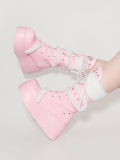 Heart Buckle White Plush Trim Light Pink Y2K Platform Boots