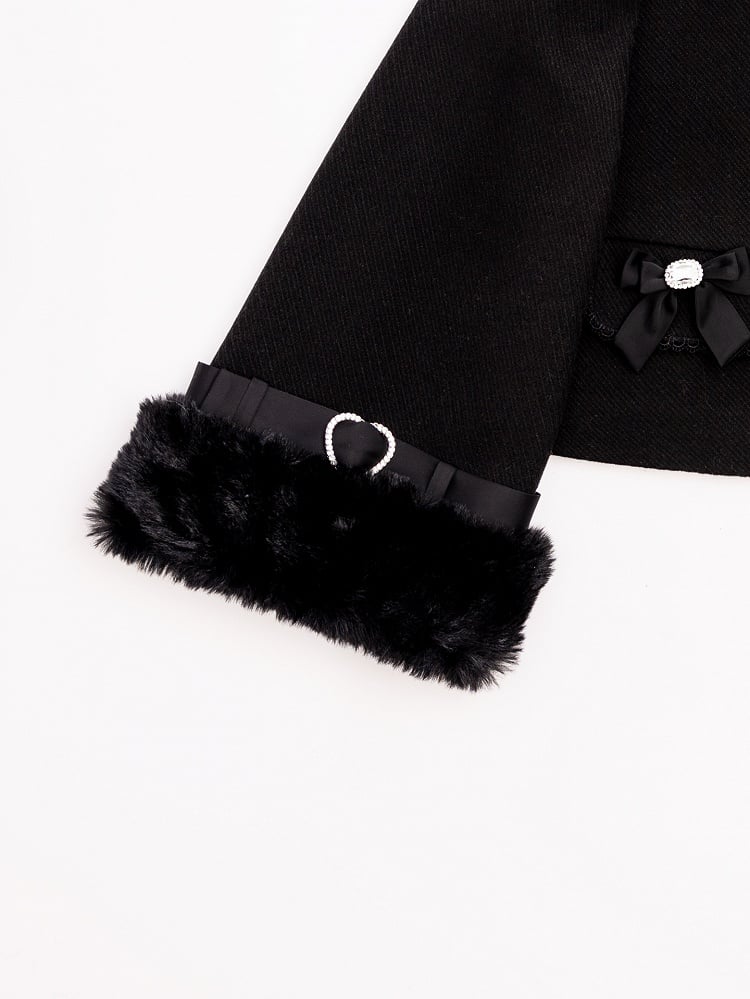 Jirai Kei Black Detachable Faux Fur Collar and Cuffs Landmine Style Coat