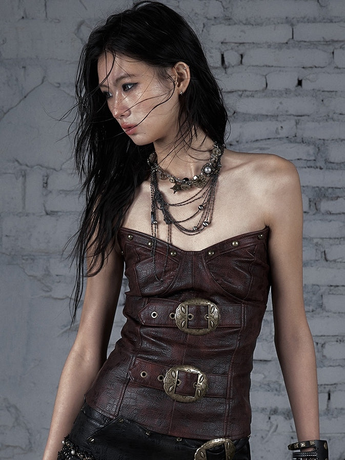 Red/Brown Wasteland Punk Buckle Decorated PU Bustier Top