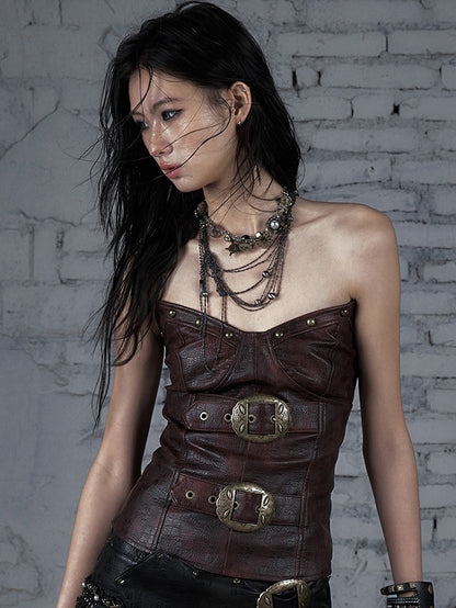 Red/Brown Wasteland Punk Buckle Decorated PU Bustier Top