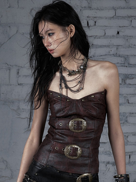 Red/Brown Wasteland Punk Buckle Decorated PU Bustier Top