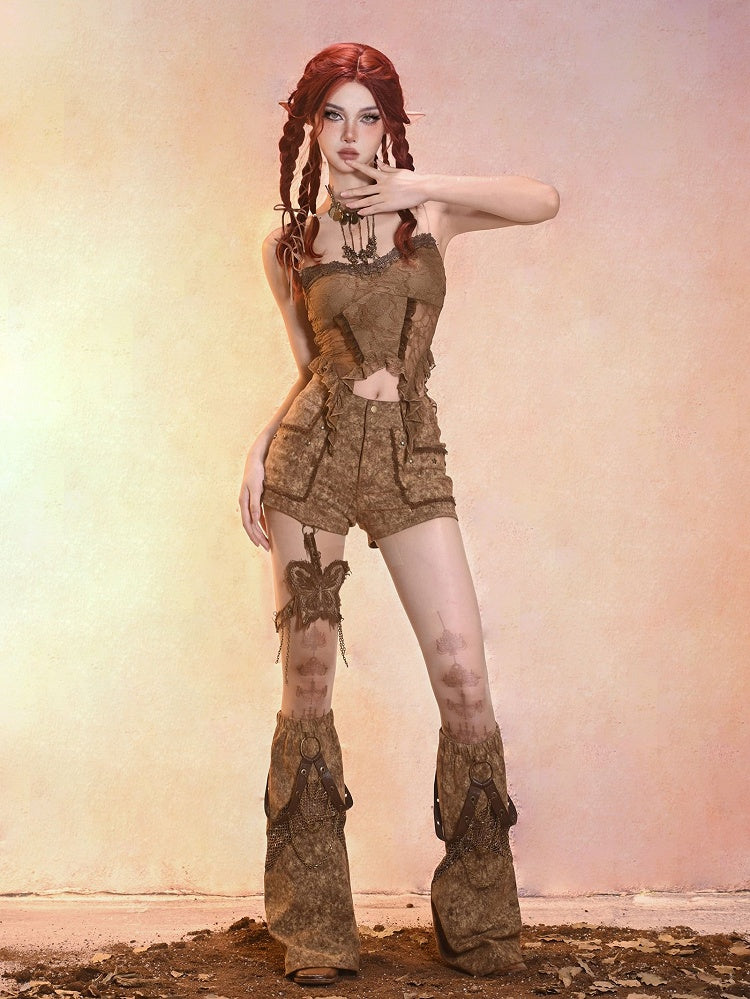 Summer Essential Lace Vintage-Inspired Spaghetti Strap Brown Top for Women