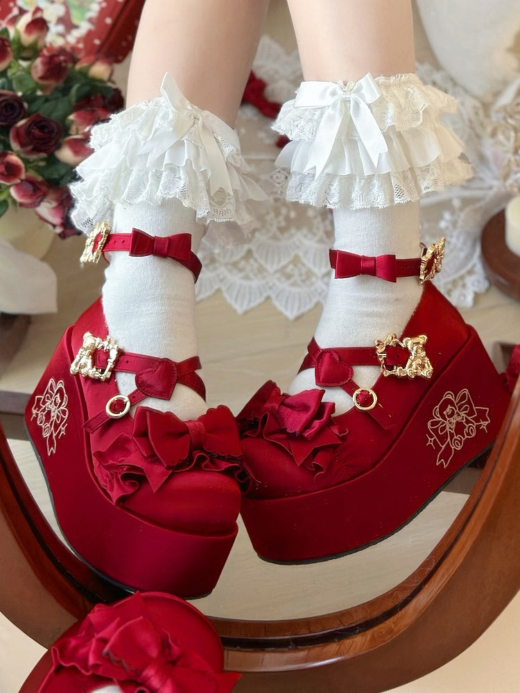 Wine Red Bear Buckle Straps Bowknot Platform Shoes with Bear Embroidery