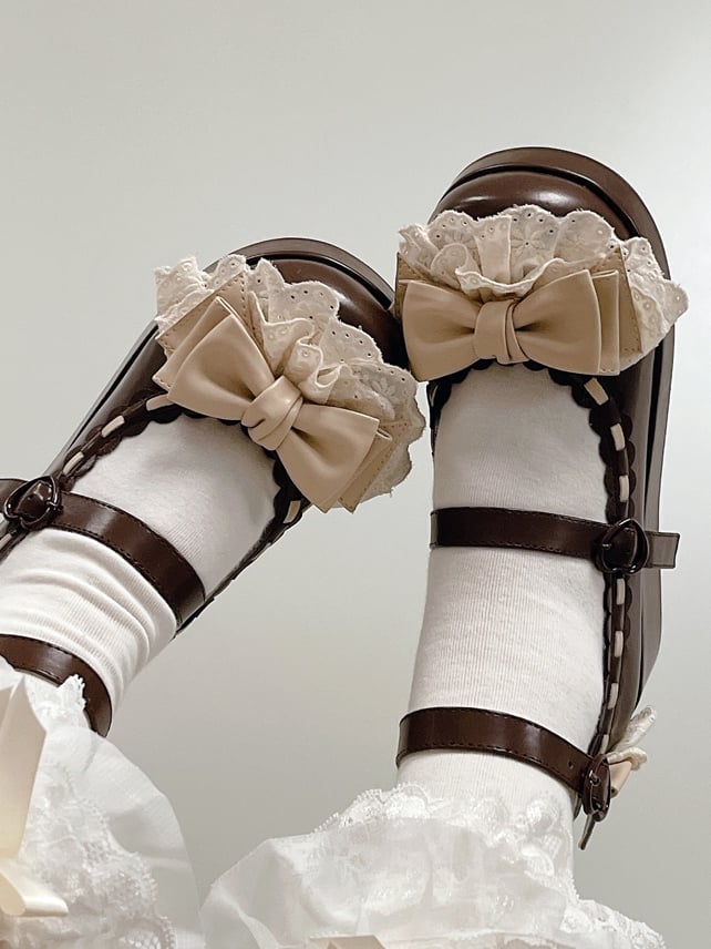 Chocolate Brown Bow at Top Lace Trim Heart Buckles Platforms