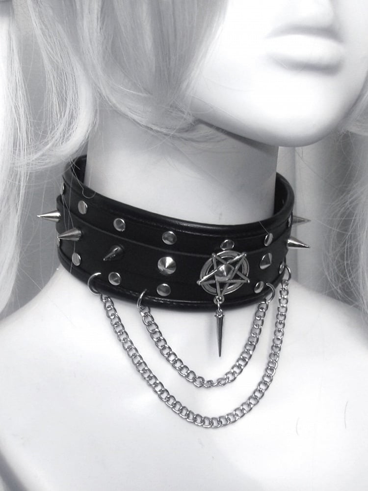 Black Stud Detail Punk PU Choker with Chain